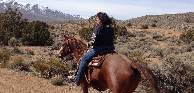 Shari Pheasant riding a horse overlooking a mountain peak.